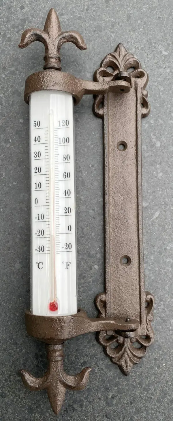 Kozijnthermometer Franse Lelie, Raamthermometer, Gietijzer