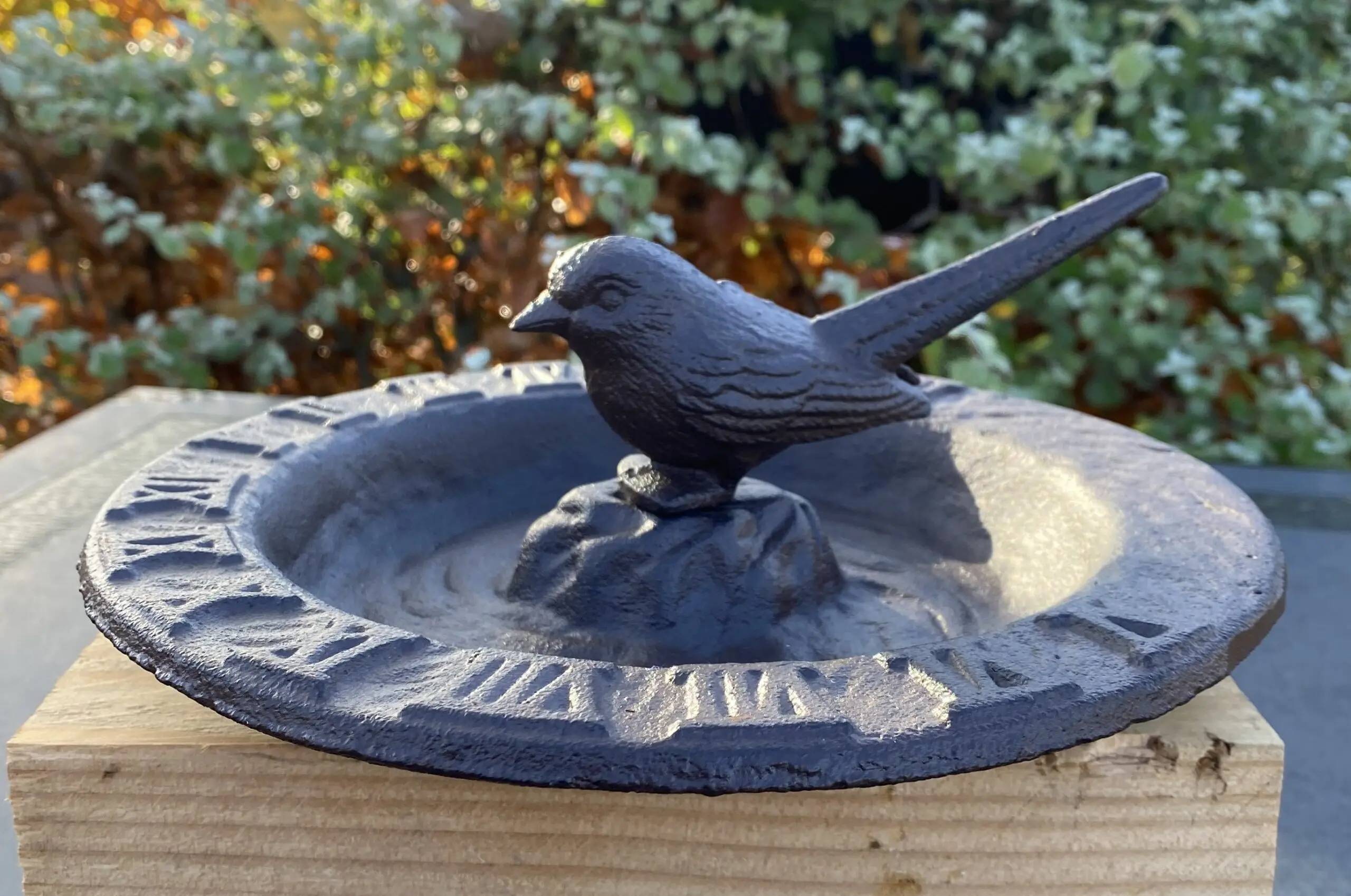 Vogelschaal, vogelbad met zonnewijzer en vogel, gietijzer TH93 - Afbeelding 3