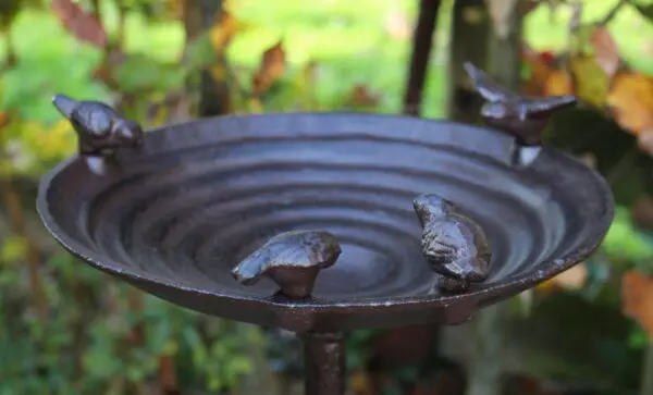 Vogelschaal, vogelbad met 4 vogels op hoge voet, gietijzer, FB91