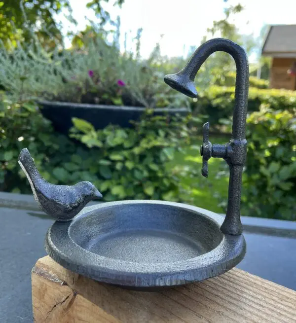 Vogelschaal, vogelbad met vogel en douche, gietijzer    VB182 - Afbeelding 2
