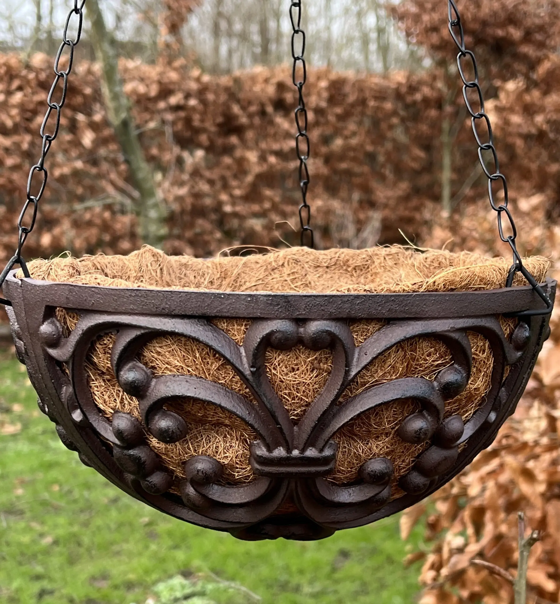 Hanging basket 25 cm. met kokos en ophanghaak, Gietijzer BPH25