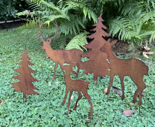 Tuinstekers herten + kerstbomen, set van 5, roestig metaal TSS02