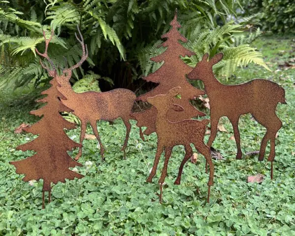 Tuinstekers herten + kerstbomen, set van 5, roestig metaal TSS02 - Afbeelding 2