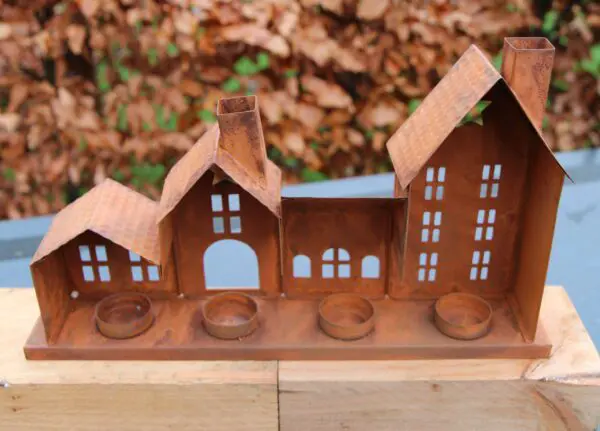 Huisjes (rijtje van 4 stuks), waxinelichthouders, roestig metaal LHM717 - Afbeelding 2