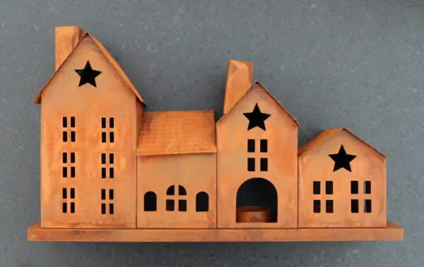 Huisjes (rijtje van 4 stuks), waxinelichthouders, roestig metaal LHM717 - Afbeelding 3