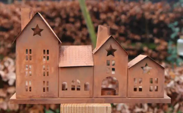 Huisjes (rijtje van 4 stuks), waxinelichthouders, roestig metaal LHM717 - Afbeelding 4