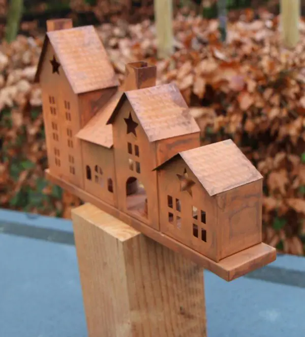 Huisjes (rijtje van 4 stuks), waxinelichthouders, roestig metaal LHM717 - Afbeelding 6