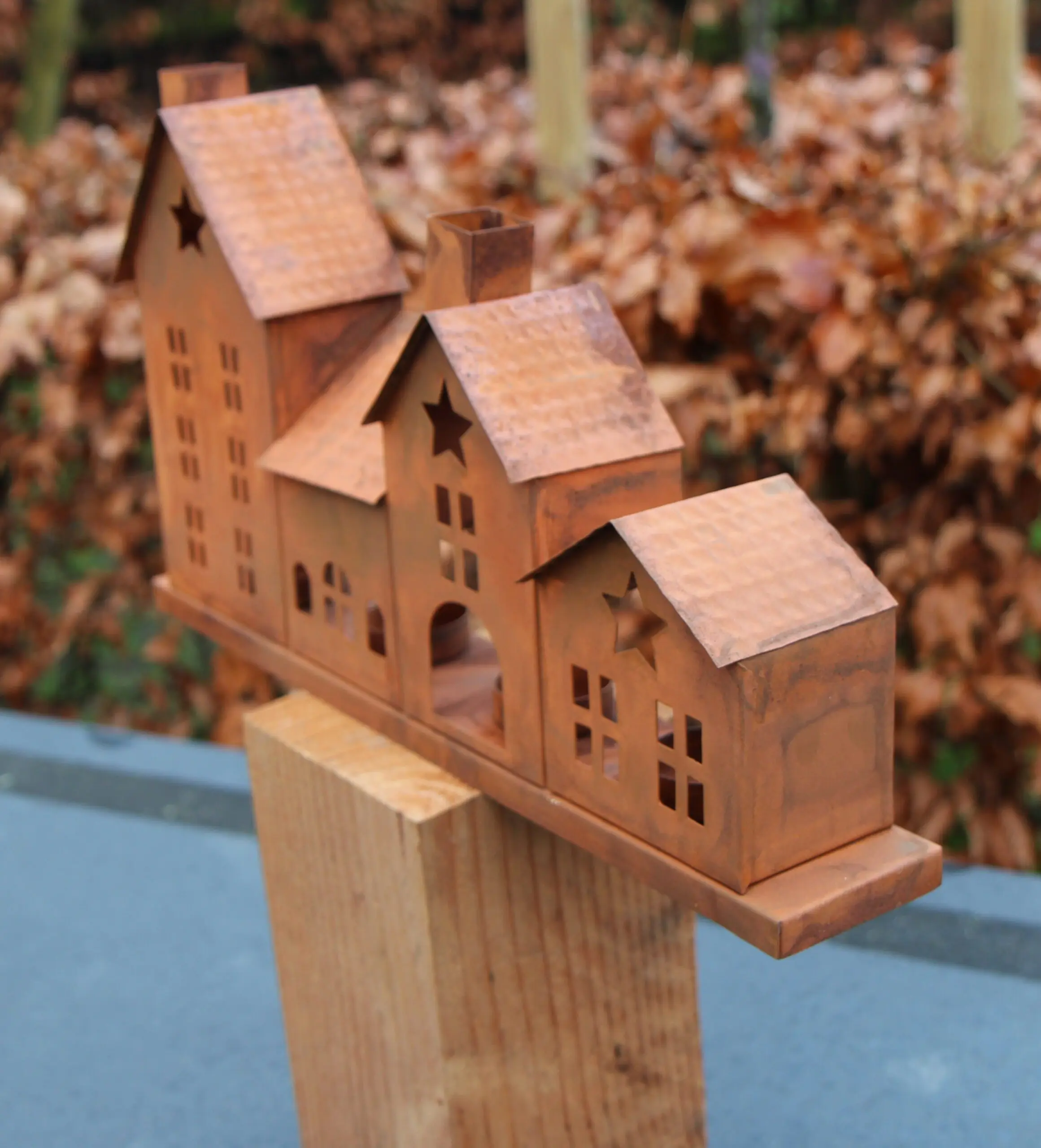Huisjes (rijtje van 4 stuks), waxinelichthouders, roestig metaal LHM717 - Afbeelding 6