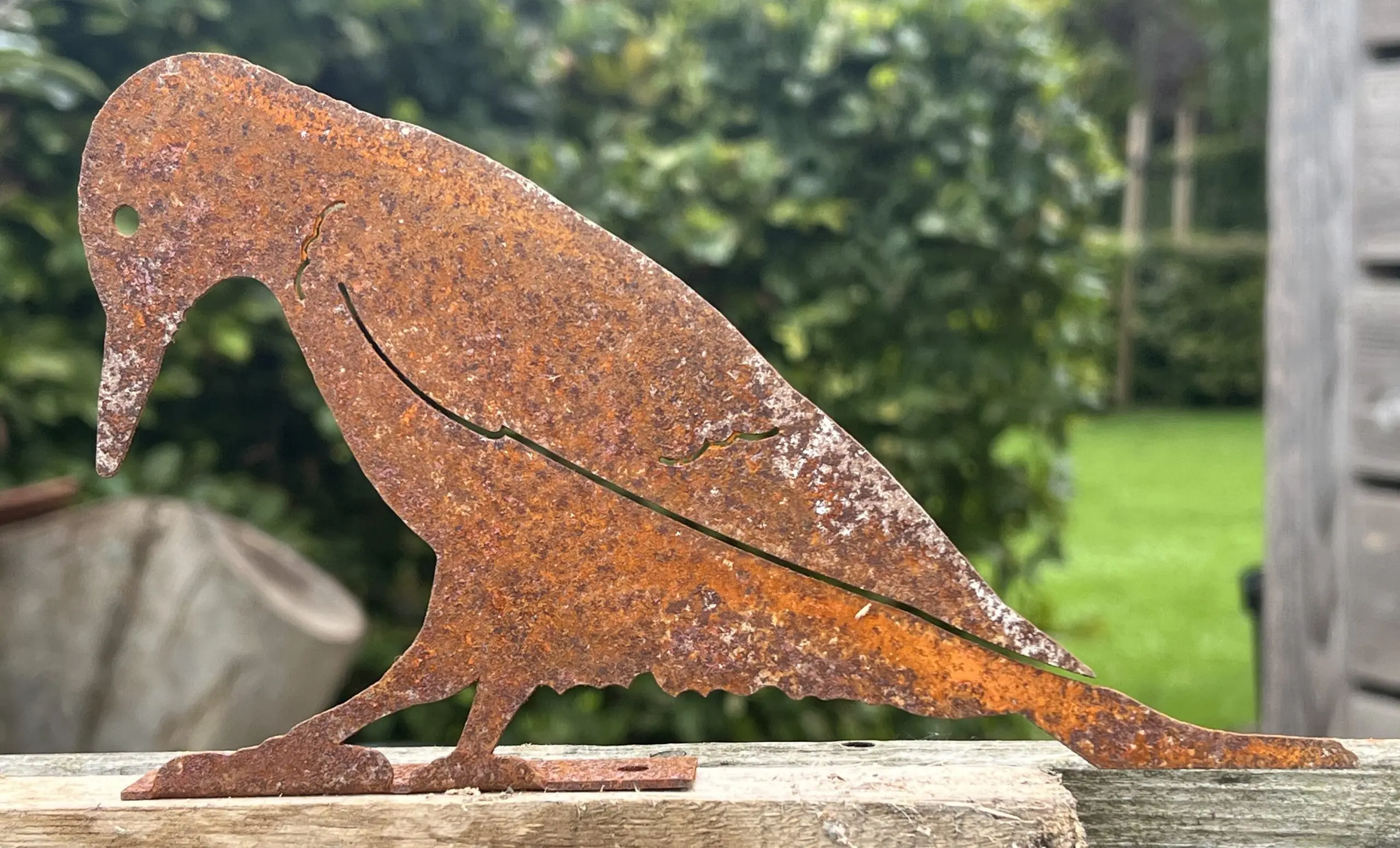 Silhouet specht schroefbaar op schutting, roestig metaal MV124 - Afbeelding 6