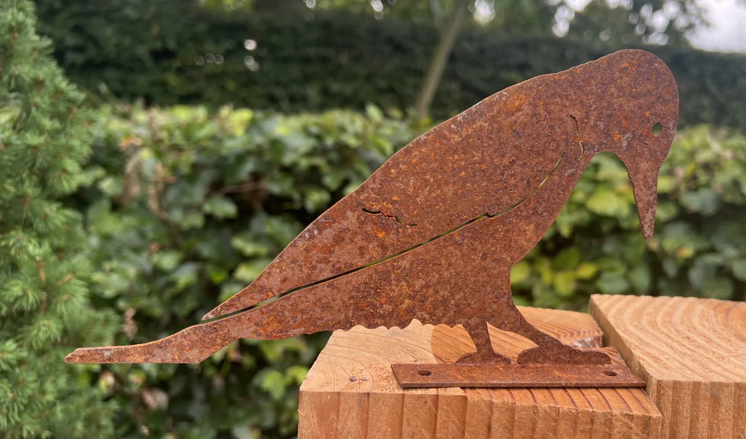 Silhouet specht schroefbaar op schutting, roestig metaal MV124 - Afbeelding 5