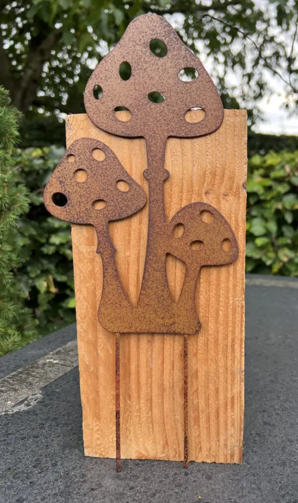 Tuinsteker paddenstoelen, trio, roestkleurig metaal, SP278 - Afbeelding 2