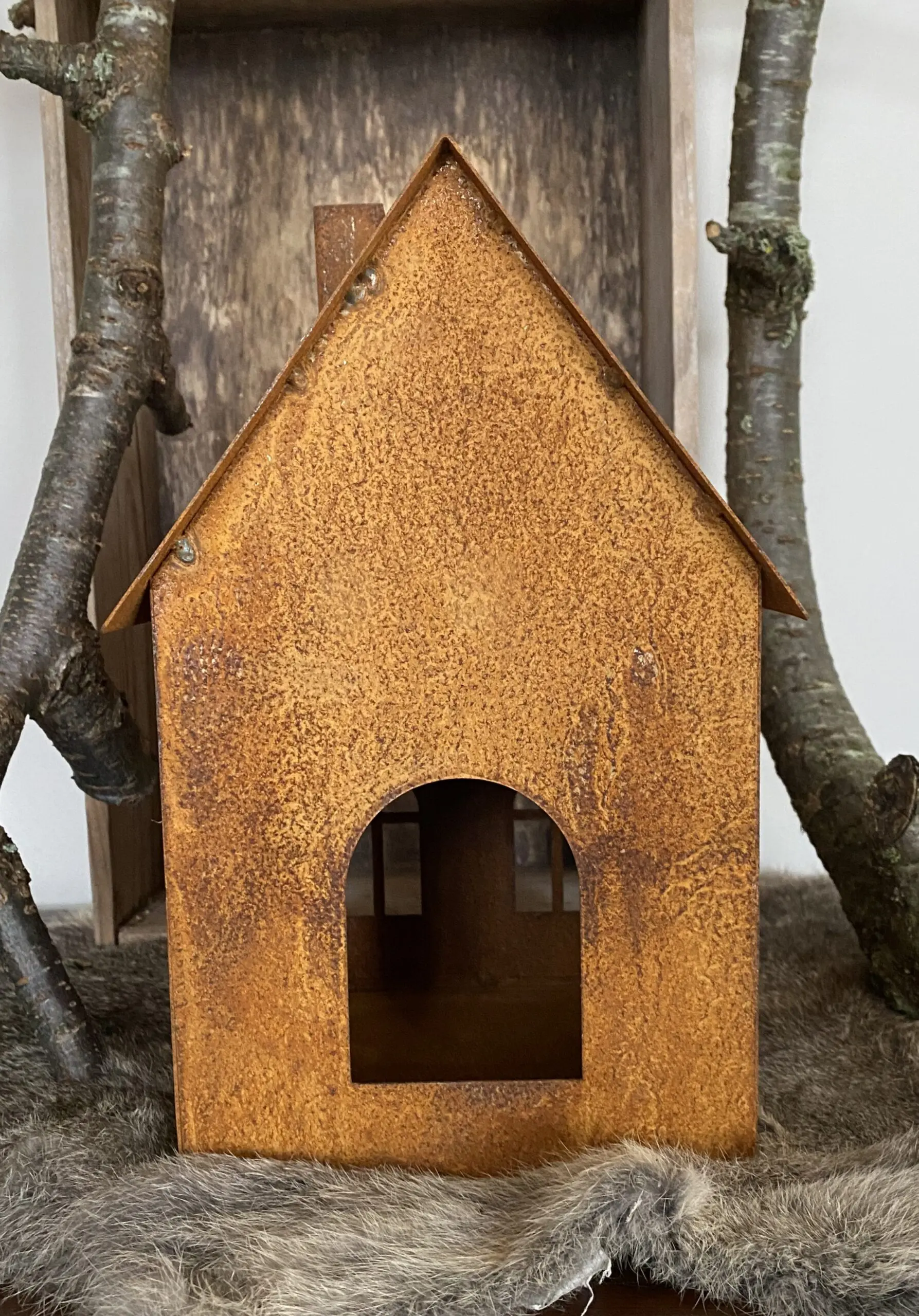 Huisje, waxinelichthouder, roestig metaal HM638 - Afbeelding 3