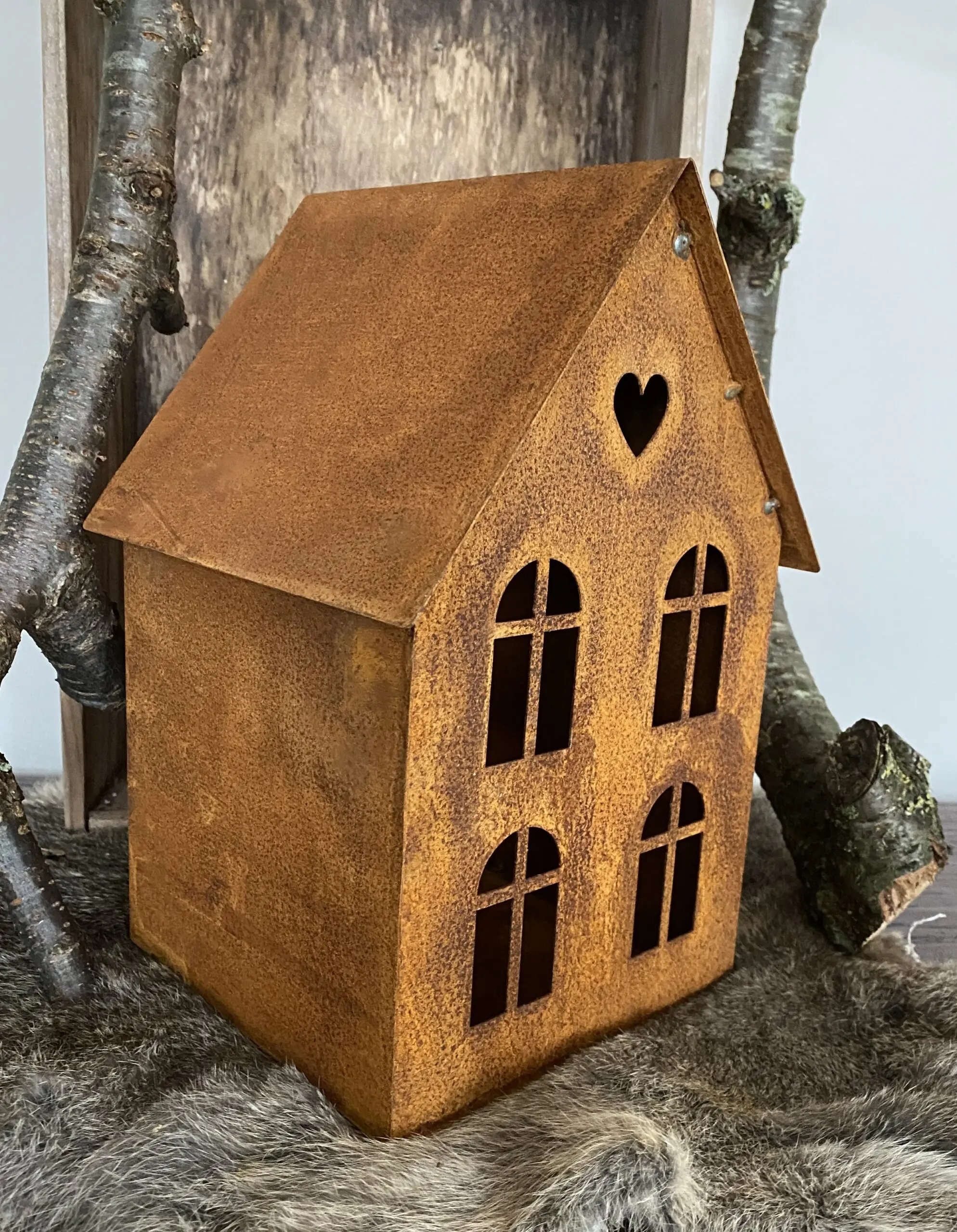 Huisje, waxinelichthouder, roestig metaal HM638 - Afbeelding 4