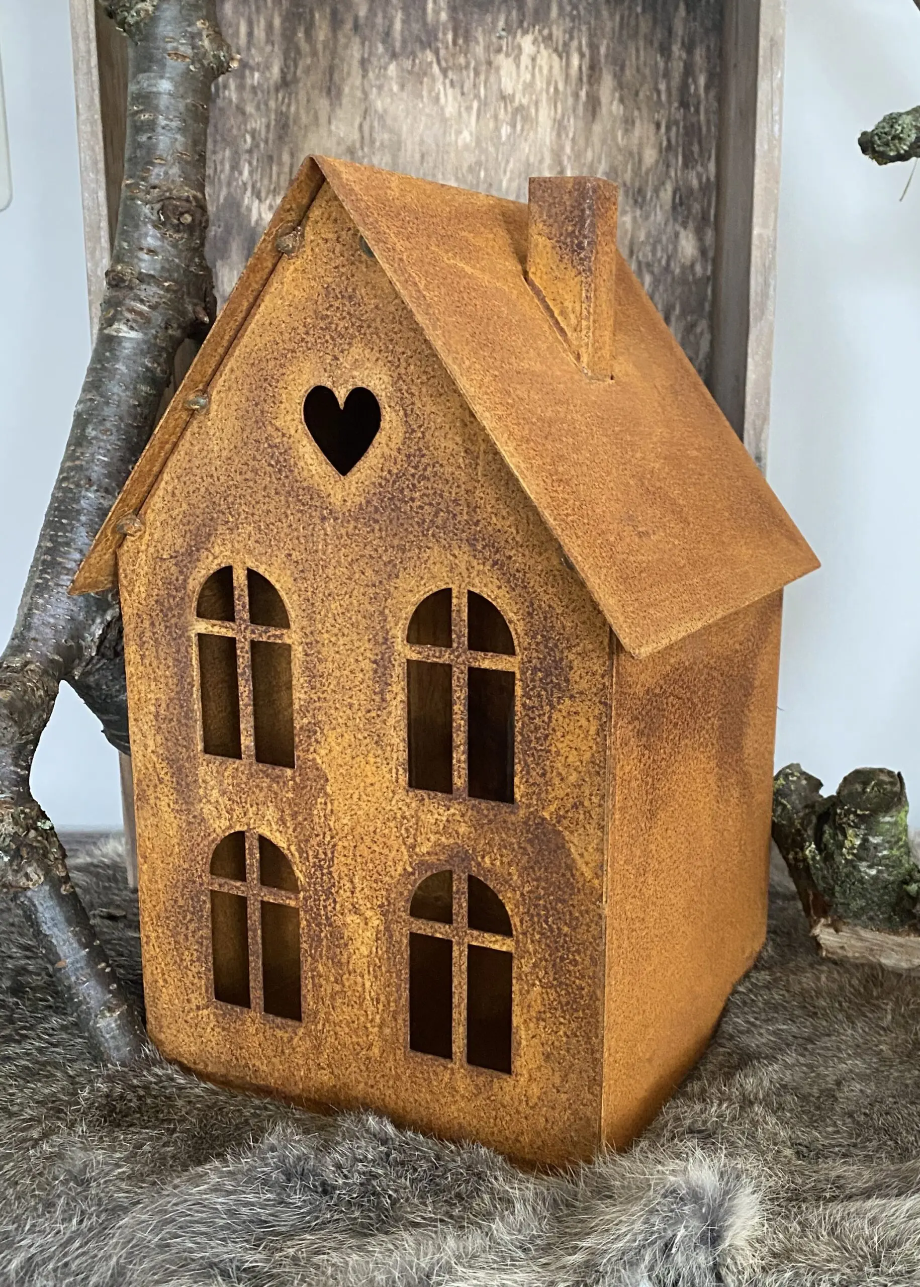 Huisje, waxinelichthouder, roestig metaal HM638 - Afbeelding 2