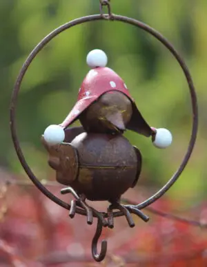 Vogelvoerhanger vogel met stippel muts, metaal  VH230A