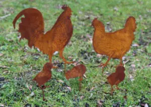 Tuinstekers haan, kip, kuikens, set van 5, roestig metaal SKS274