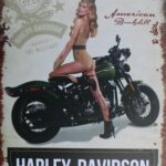 Tekstbord: “Harley- Davidson, Vrouw op motor”