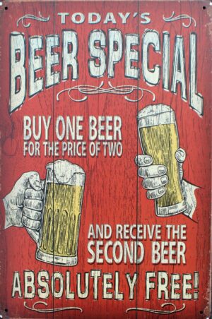Tekstbord: “Today’s Beer special, buy one beer for price of ….