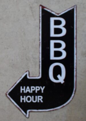 Tekstbord: “BBQ, Happy Hour” in Pijlvorm, Zwart