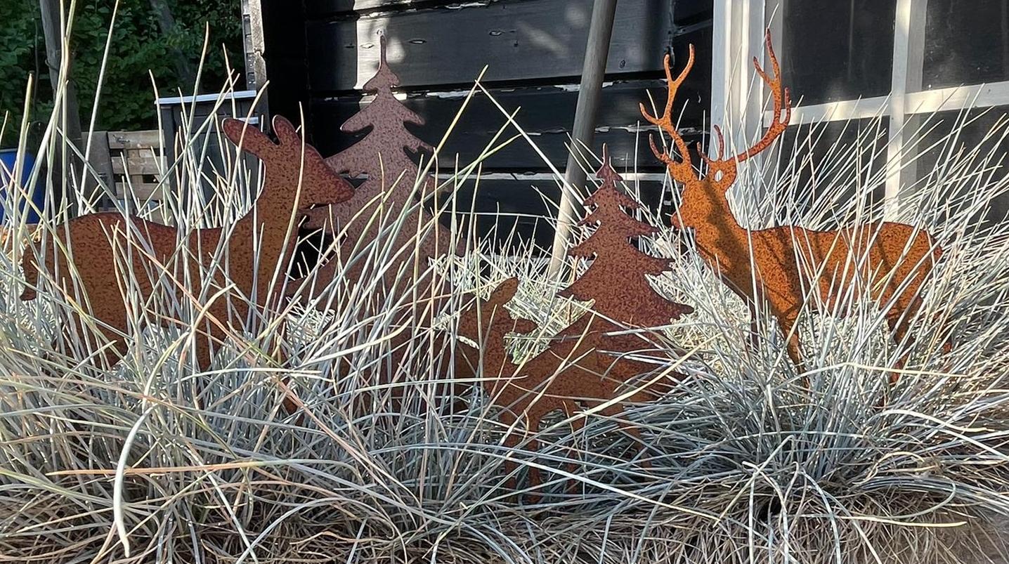 Tuinstekers Hert en Kerstboom, set van 5 stuks, Roestig metaal