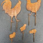 Tuinstekers Haan, Kip en Kuikens, set van 5 stuks, Roestig metaal