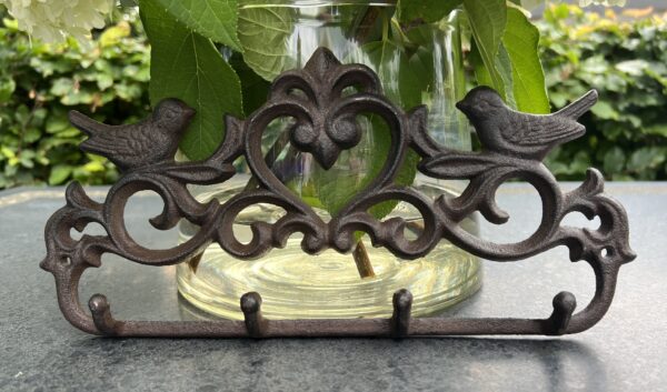Kapstokhaak hart met vogels, 4 haken, gietijzer KH1217 - Afbeelding 3
